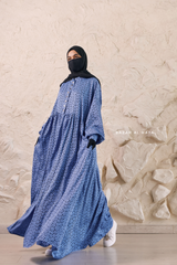 Blue Maryam Floral Abaya Dress & Pants Set In Premium Silk Cotton - Oversized