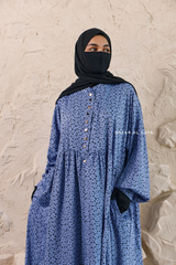 Blue Maryam Floral Abaya Dress & Pants Set In Premium Silk Cotton - Oversized