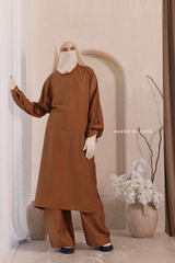 Cappuccino Elmira Two Piece Top Dress & Pants Set In Premium Cotton Leon