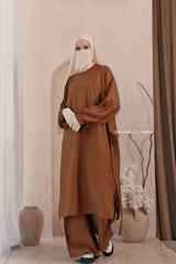 Cappuccino Elmira Two Piece Top Dress & Pants Set In Premium Cotton Leon