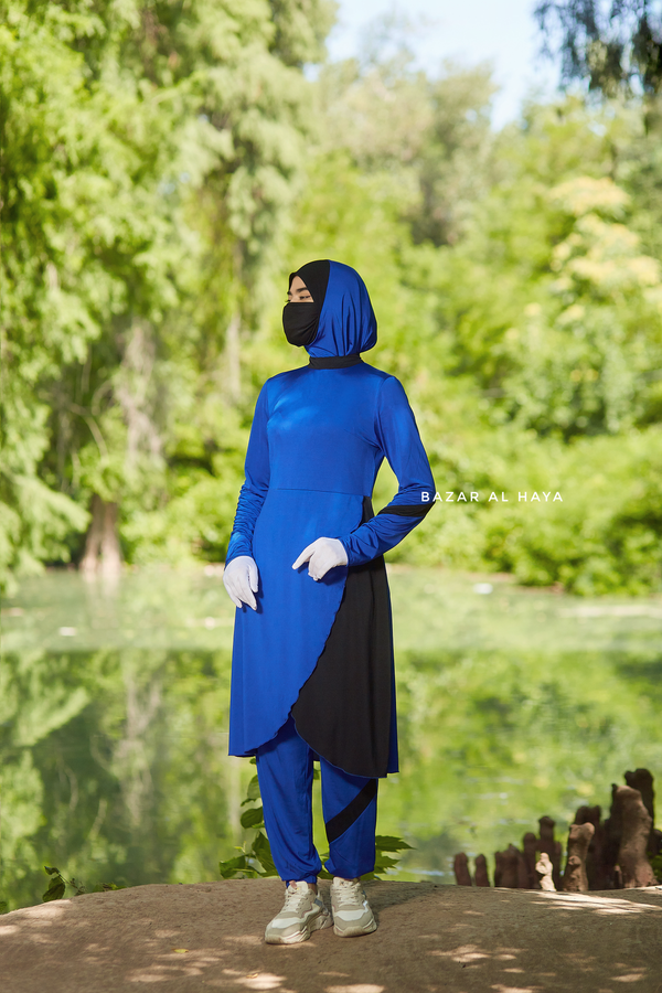Royal Blue Modest Swimwear Three Piece Set With Swimdress, Khimar, & Pants - Enjoy The Comfort