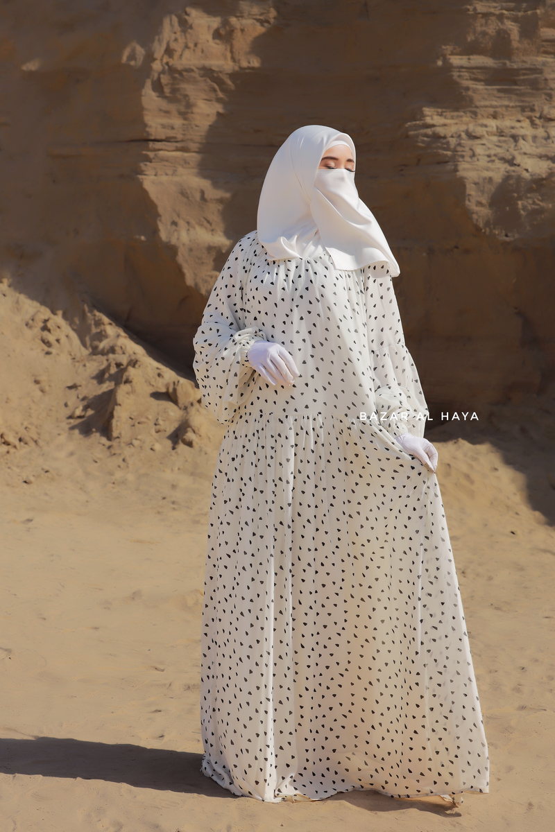 Amira White Chiffon Abaya Dress With Puff Sleeves - Double Layer