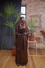 Chocolate Latifa Two Piece Satin Jilbab With Skirt - Long & Loose