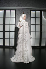 Duha Ivory Moroccan Embroidered Gleaming Kaftan With Silk Dress & Belt Set - 3 Piece