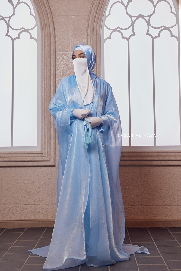 Humaira 3 Piece Abaya Set In Blue Organza Luxurious Kaftan With Inner Dress Scarf