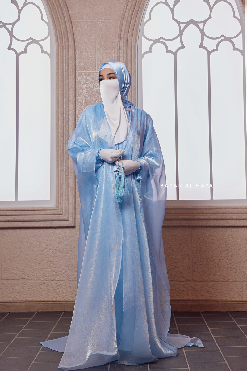 Humaira 3 Piece Abaya Set In Blue Organza Luxurious Kaftan With Inner Dress Scarf M