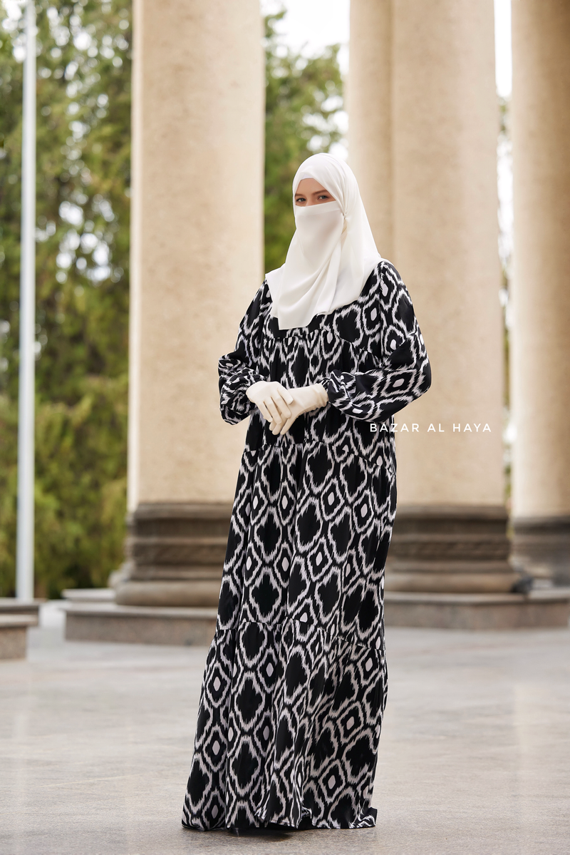 Sadia White/Black Print Dress - 100% Cotton Summer Tiered Abaya - Front Zipper