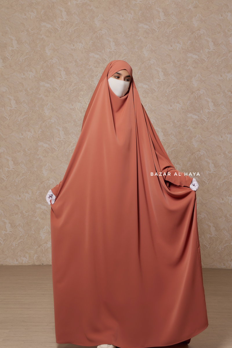 Peach Sarah One Piece Jilbab - Zipper Sleeves - Silk Crepe