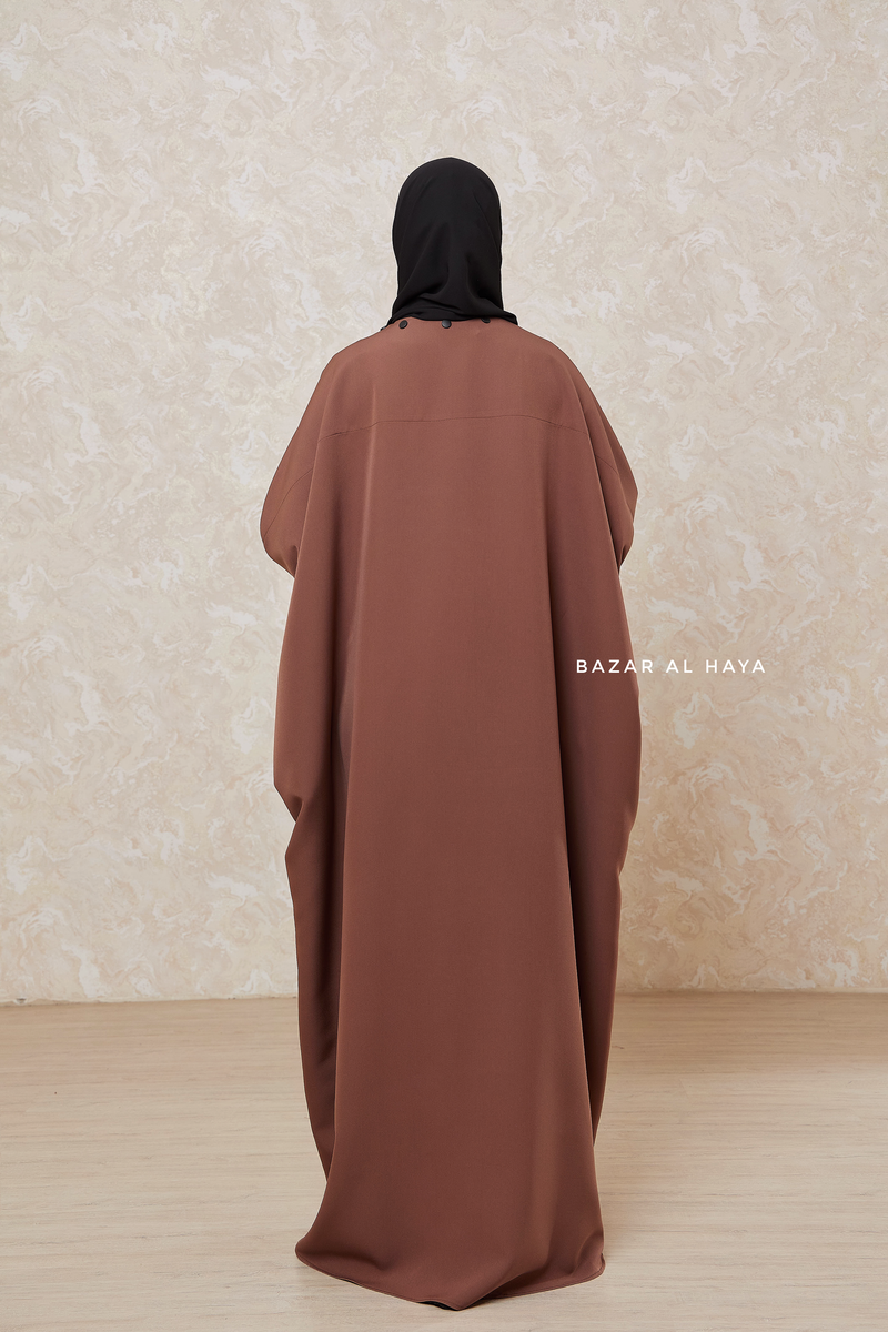 Brown Falak Classic Loose Fit Abaya Coat With Scarf - Pockets & Zippers