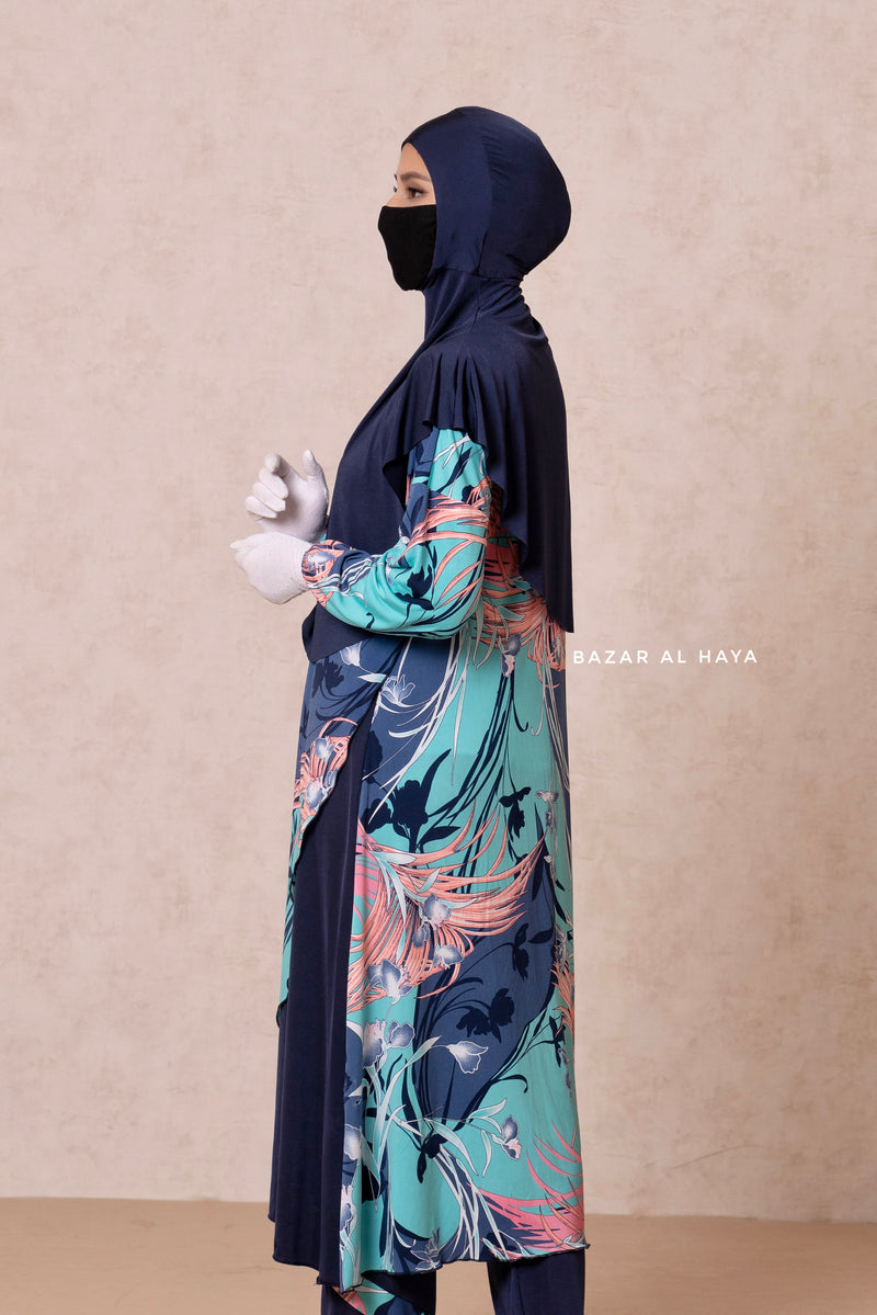 Floral Print Modest Swimwear Three Piece Set - Swimdress, Khimar, & Pants - The Comfort