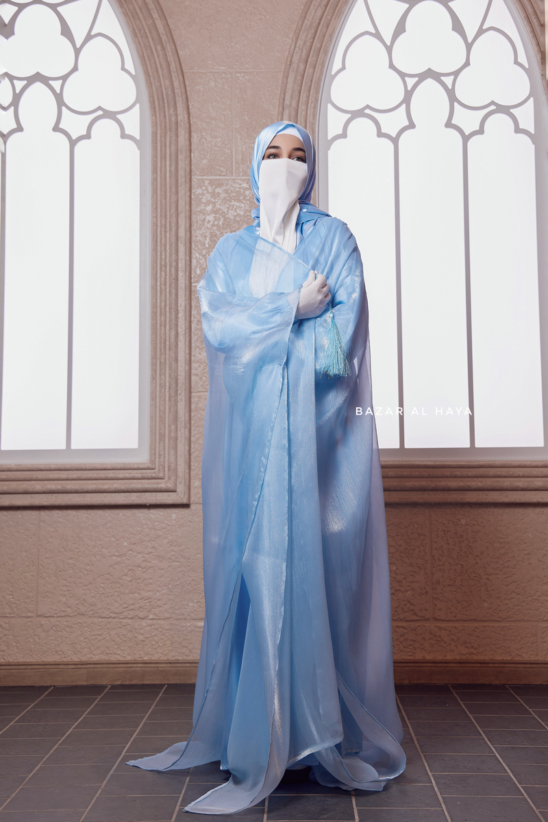 Humaira 3 Piece Abaya Set In Blue Organza Luxurious Kaftan With Inner Dress Scarf