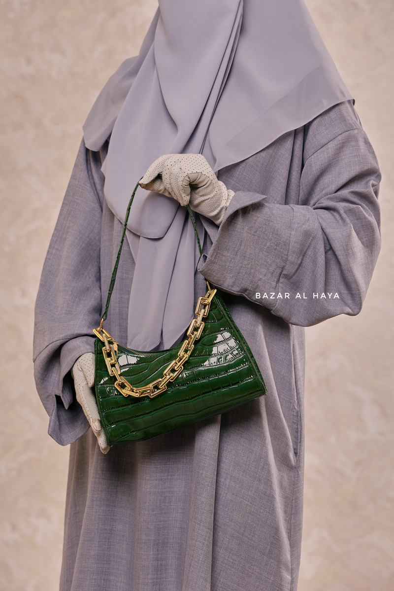 Glossy Croc Hand Bag In Emerald