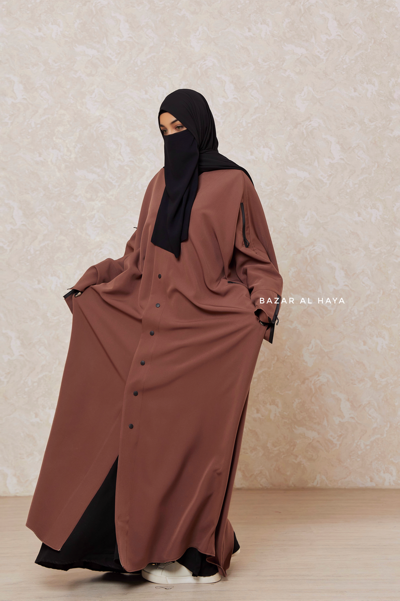 Brown Falak Classic Loose Fit Abaya Coat With Scarf - Pockets & Zippers