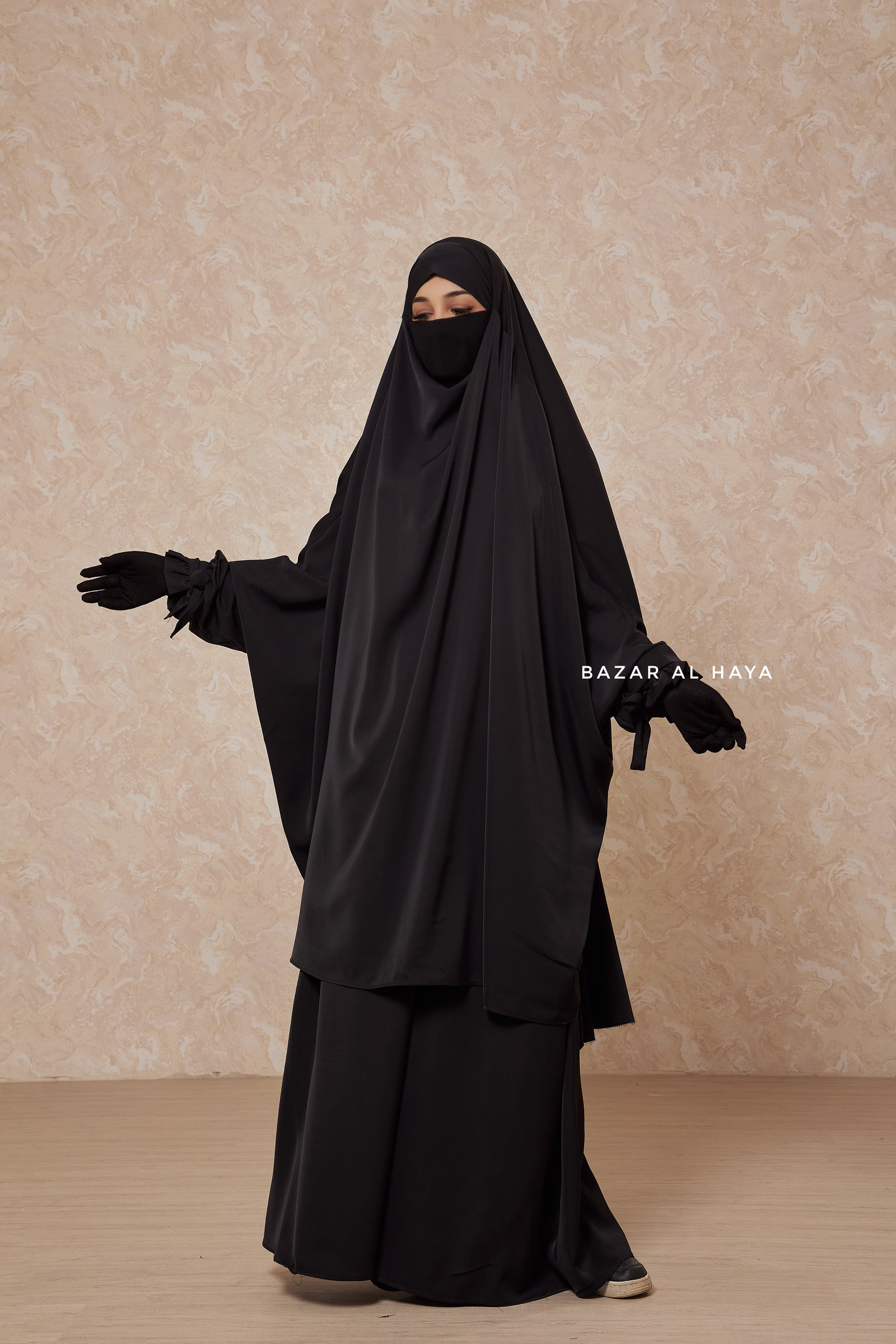 BAZAR AL HAYA | Black Jahida Two Piece Jilbab With Loose Pants Set - Skirt-Style Shalwar M