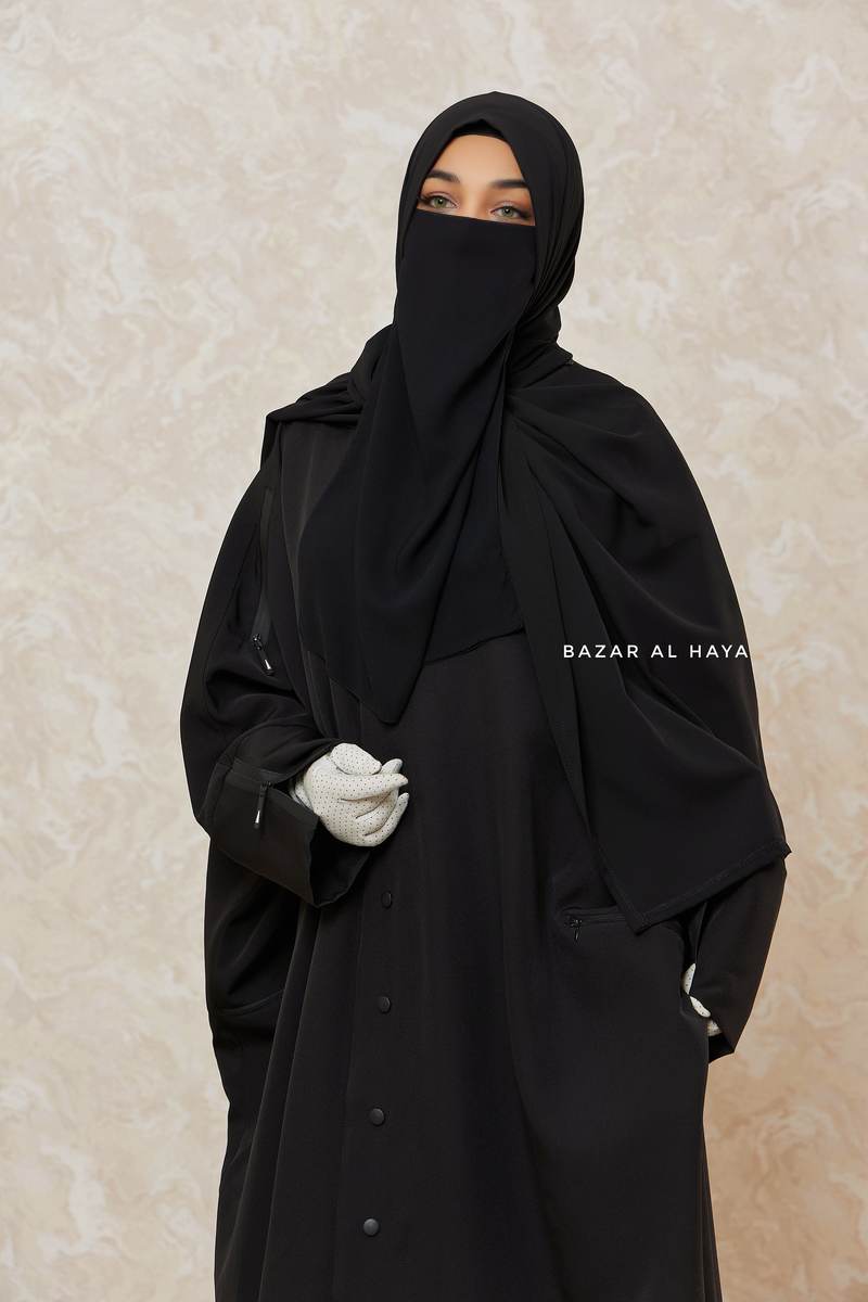 Black Falak Classic Loose Fit Abaya Coat With Scarf - Pockets & Zippers