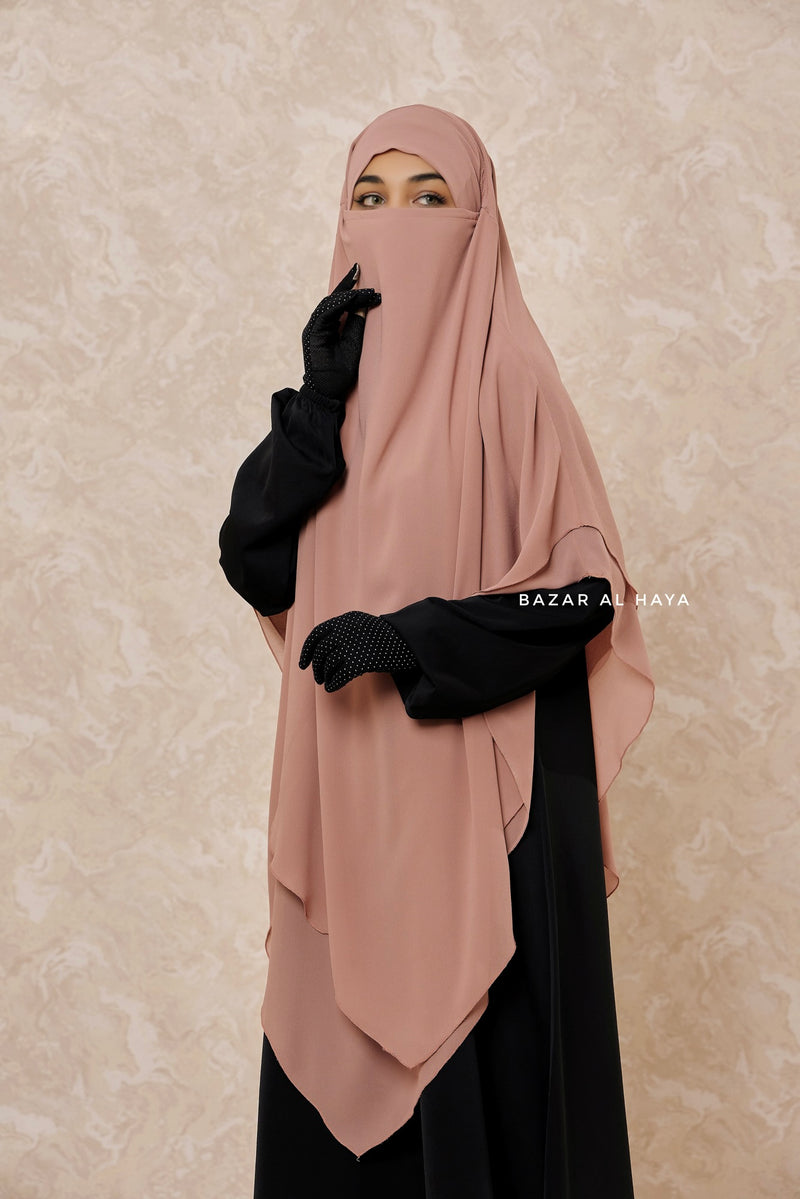 Taupe Rose Pari Two Layered Maxi Diamond Khimar - Crepe Chiffon