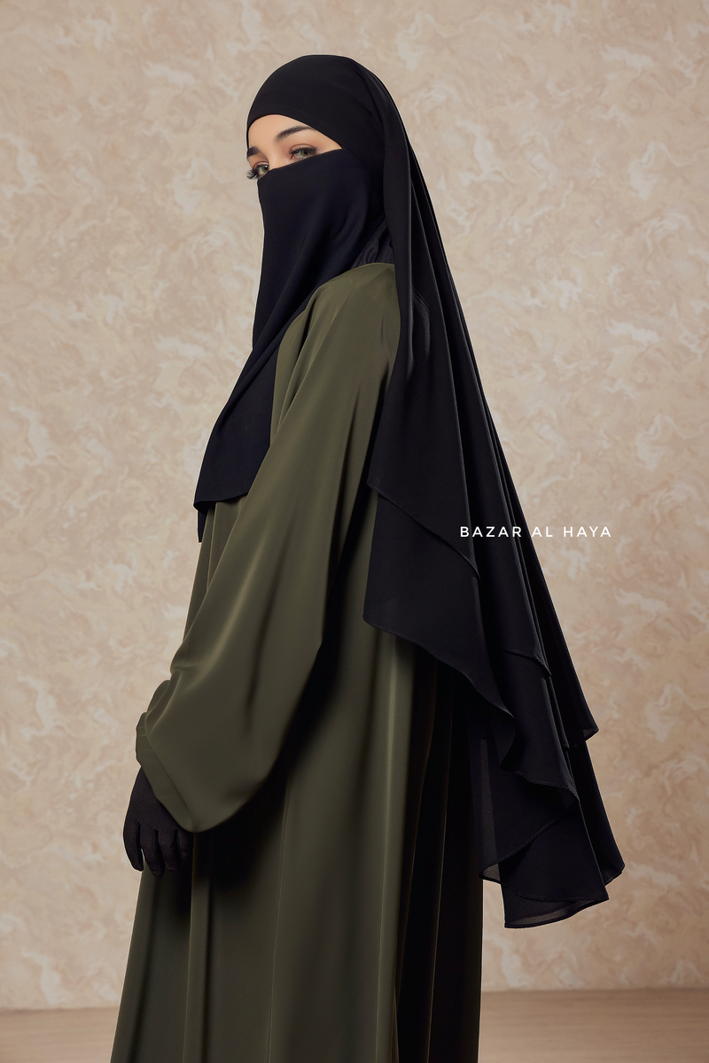 Two Layer In Black Three -In- One Snap Scarf, Khimar, Cape - Premium Chiffon