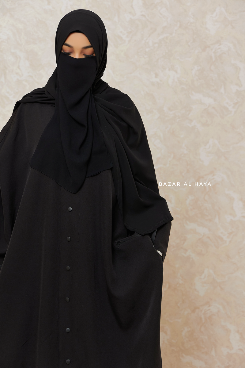 Black Falak Classic Loose Fit Abaya Coat With Scarf - Pockets & Zippers