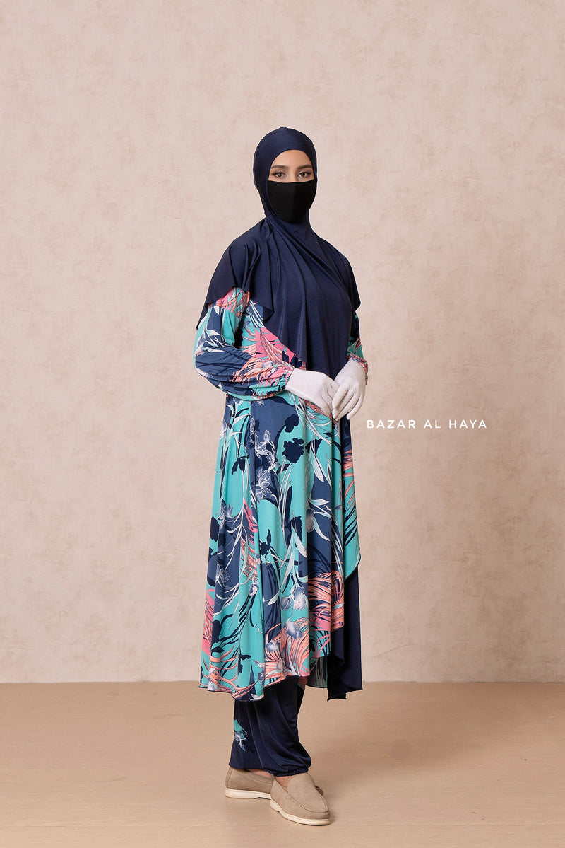 Floral Print Modest Swimwear Three Piece Set - Swimdress, Khimar, & Pants - The Comfort