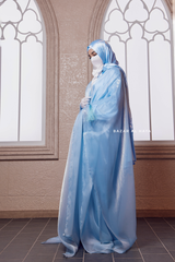 Humaira 3 Piece Abaya Set In Blue Organza Luxurious Kaftan With Inner Dress Scarf