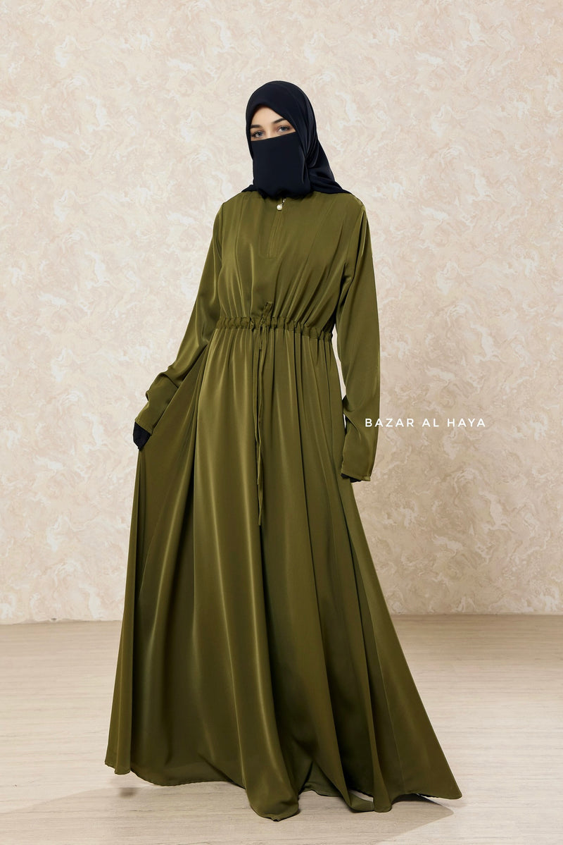 Olive Salam 3 Adjustable Belted Abaya Dress - Front Zipper & Zipper Sleeves - Nida