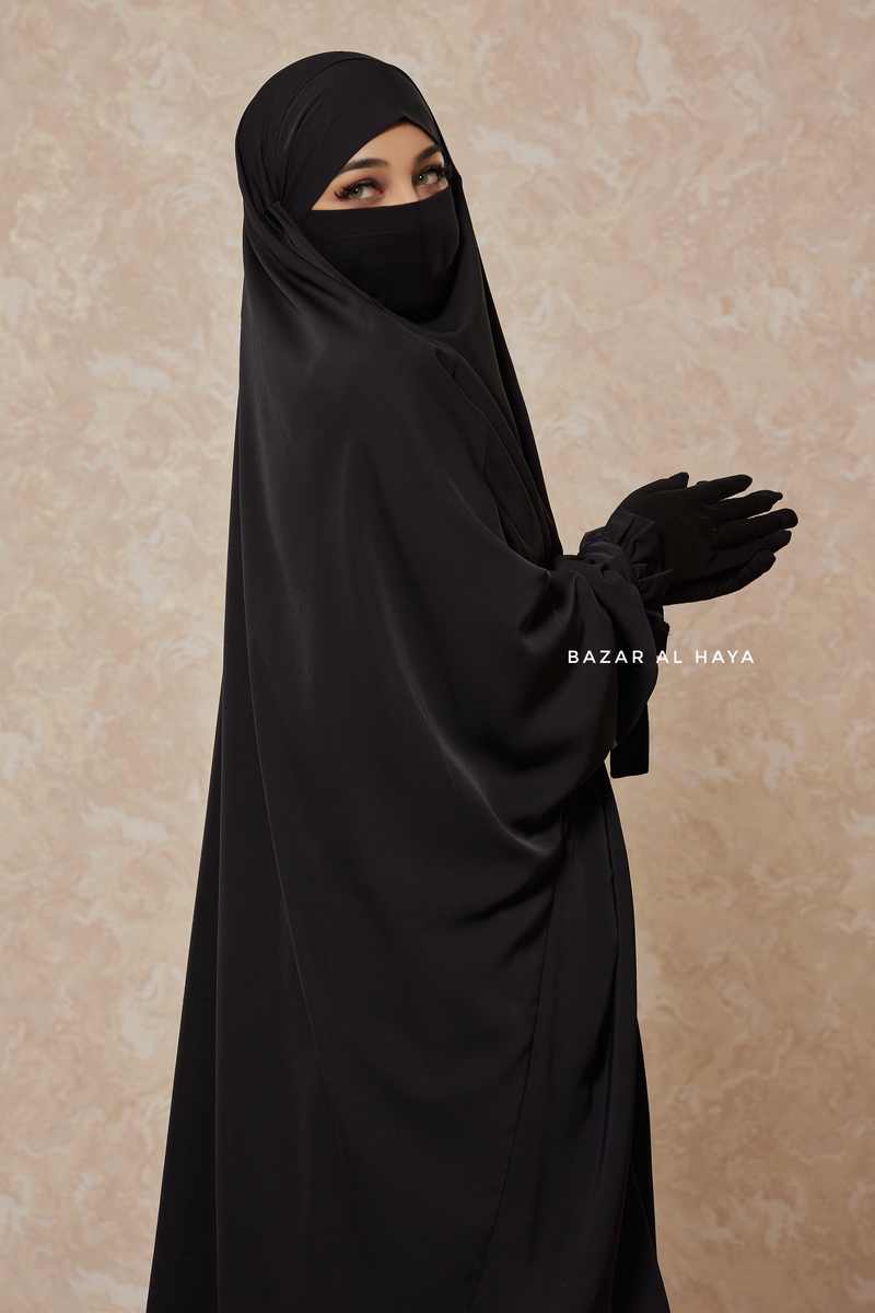 Black Jahida Two Piece Jilbab With Loose Pants Set - Skirt-Style Shalwar