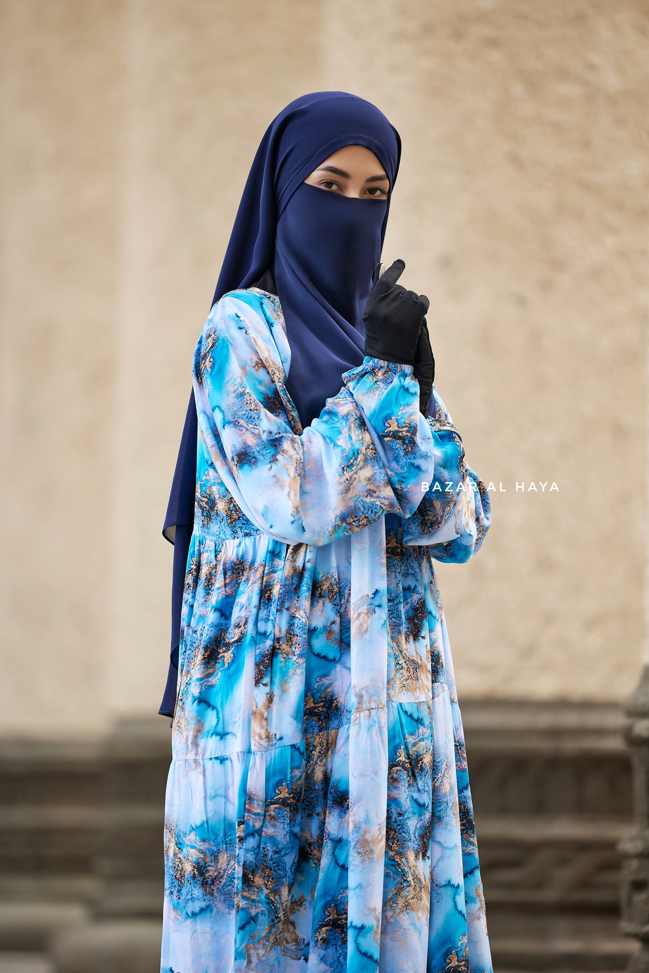Sadia Ocean/Gold Print Dress - 100% Cotton Summer Tiered Abaya, Front ...