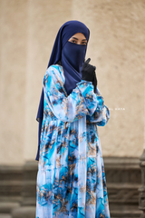 Sadia Ocean/Gold Print Dress - 100% Cotton Summer Tiered Abaya, Front Zipper
