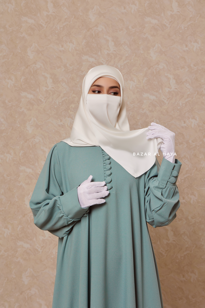 Rania Mint Abaya Dress Half-Placket Button Front & Sleeve - Mediumweight Soft Crepe Cotton