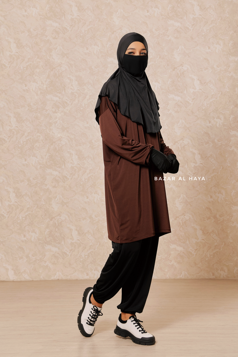 Black Brown Modest Swimwear 4 Piece Swimdress, Khimar, Apron & Pants - Comfort Swimsuit