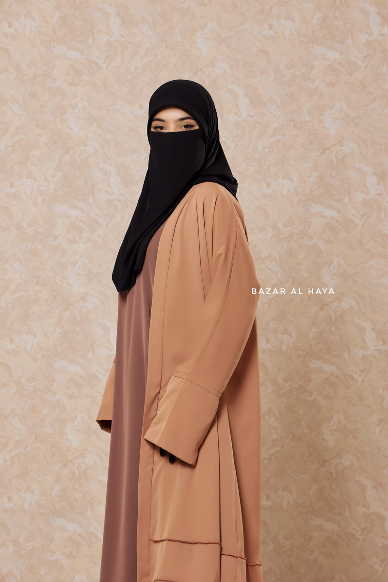 Latte Fathiya Open Front Abaya In Nida - Relaxed Fit