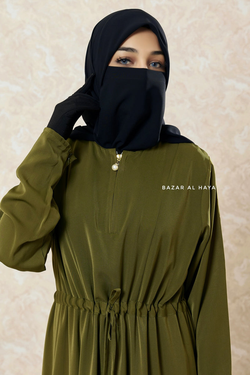 Olive Salam 3 Adjustable Belted Abaya Dress - Front Zipper & Zipper Sleeves - Nida