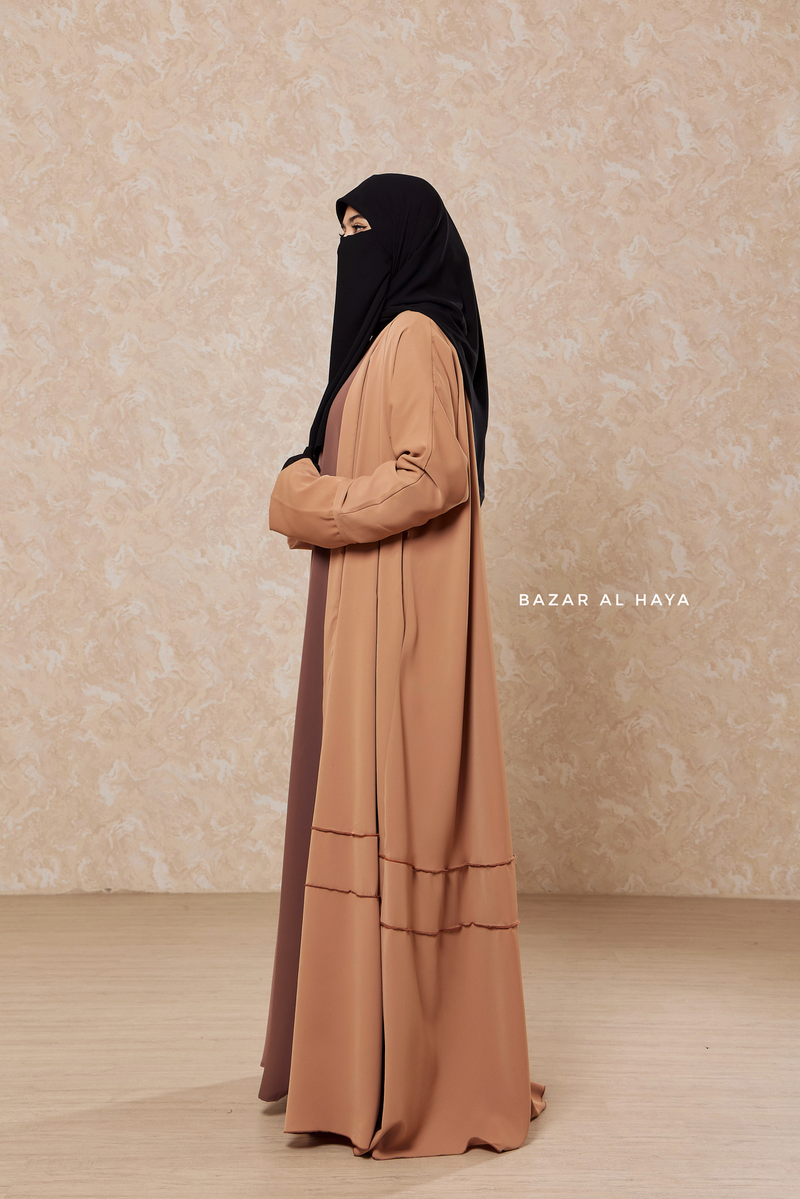 Latte Fathiya Open Front Abaya In Nida - Relaxed Fit