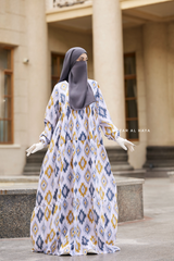 Sadia White/Yellow Print Dress - 100% Cotton Summer Tiered Abaya - Front Zipper