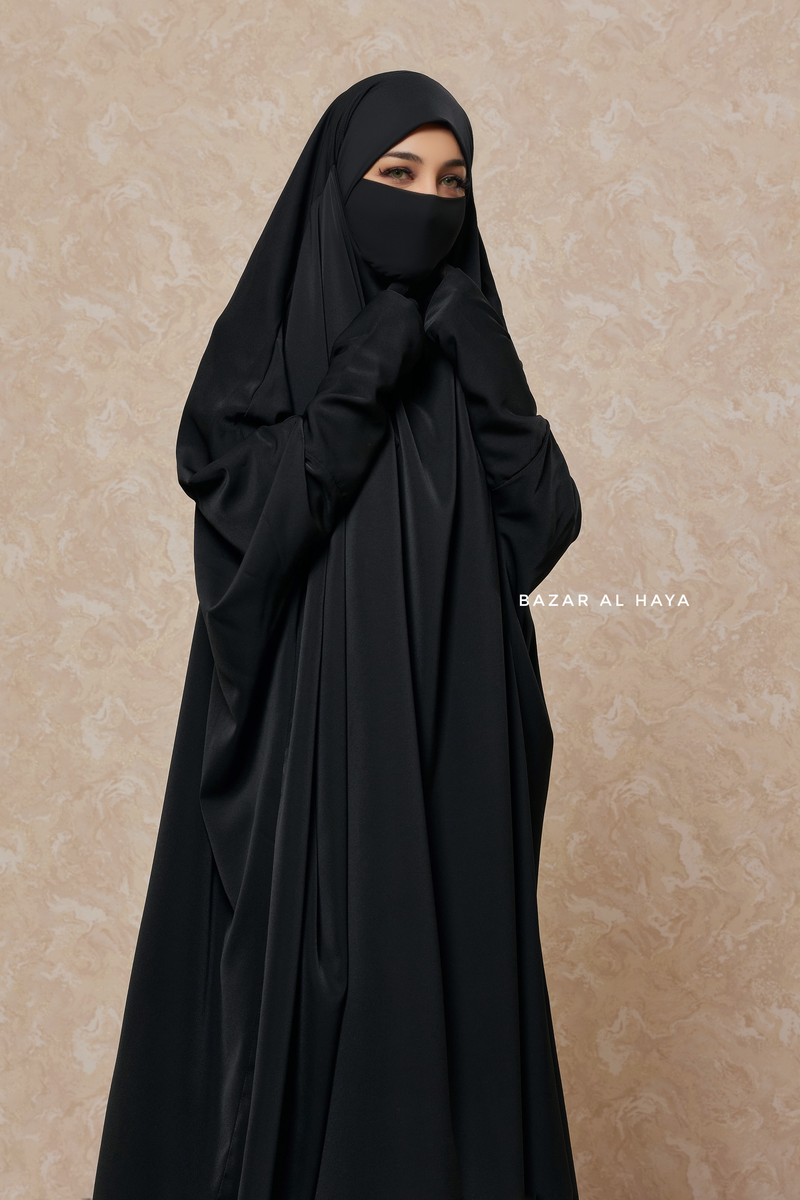 Sarah One Piece Black Jilbab - Zipper Sleeves - Silk Crepe