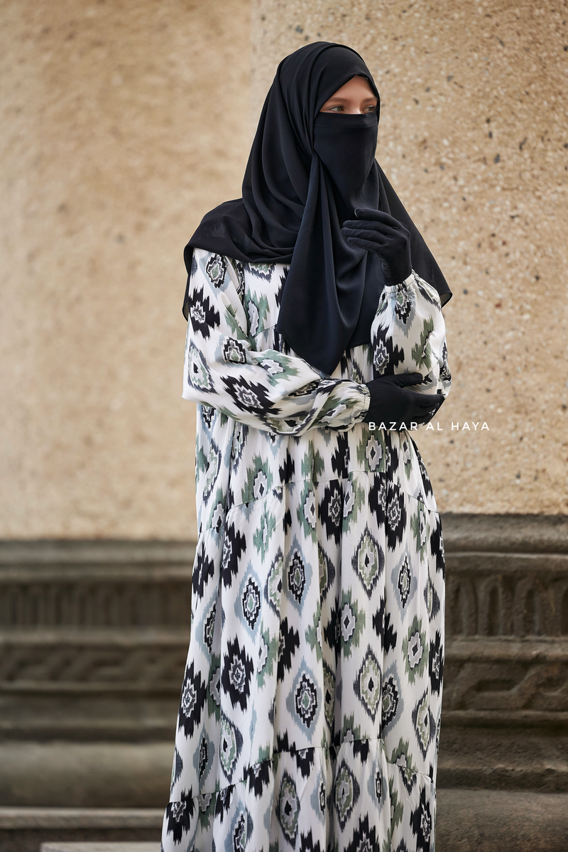 Sadia White/Green Print Dress - 100% Cotton Summer Tiered Abaya, Front Zipper