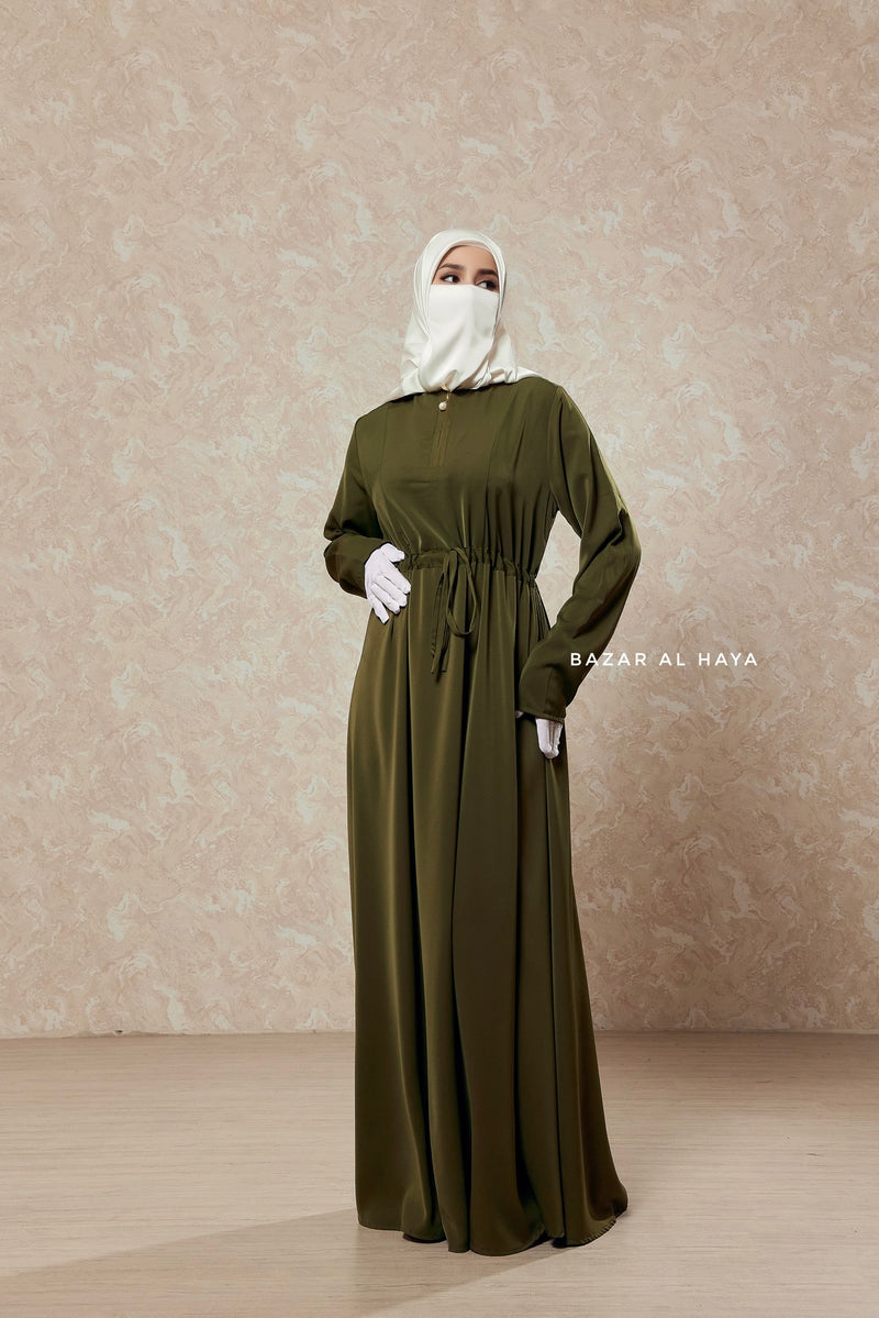 Salam 3 Olive Belted Abaya Dress - Front Zipper & Zipper Sleeves - Nida