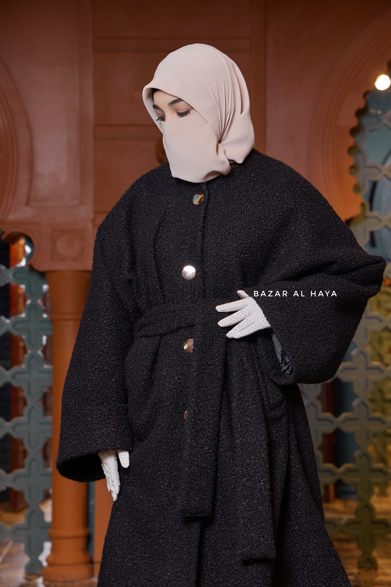 Black Damla Loose Warm Coat - Premium Teddy Wool