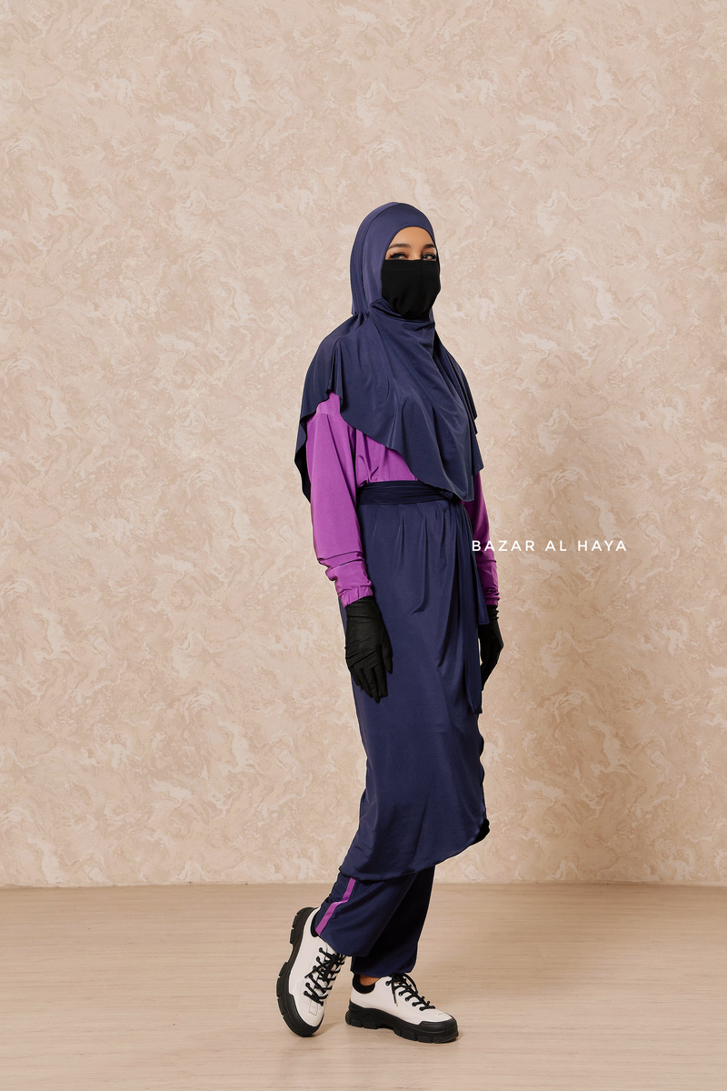 Navy Purple Modest Swimwear 4 Piece Swimdress, Khimar, Apron & Pants - Comfort Swimsuit