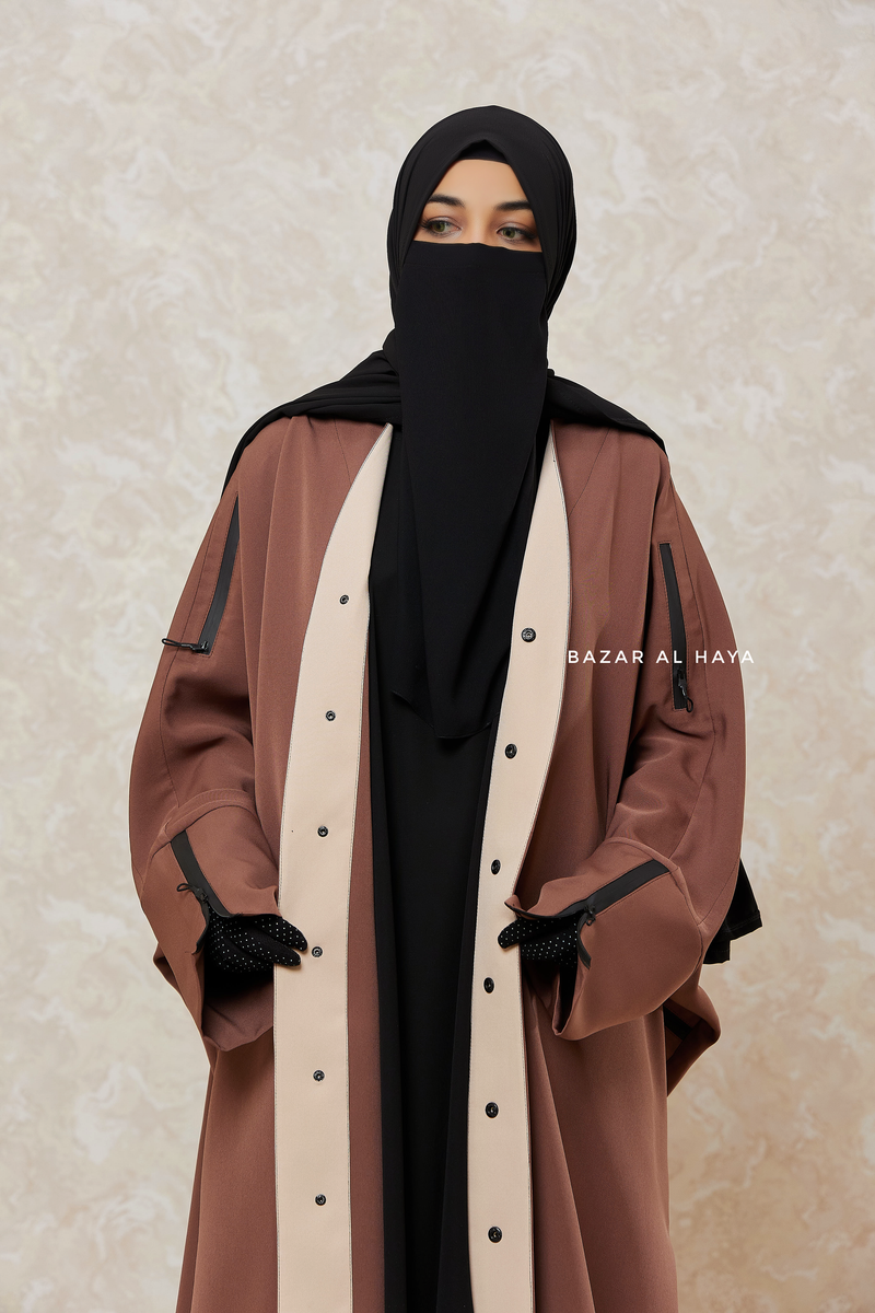 Brown Falak Classic Loose Fit Abaya Coat With Scarf - Pockets & Zippers