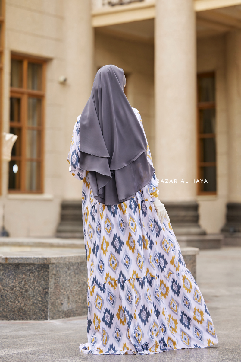 Sadia White/Yellow Print Dress - 100% Cotton Summer Tiered Abaya - Front Zipper