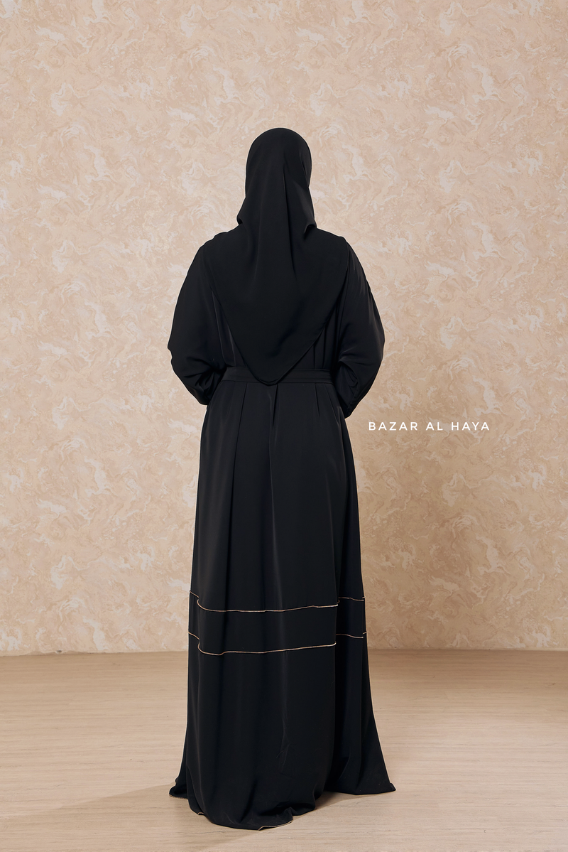 Black Fathiya Open Front Abaya In Nida - Relaxed Fit