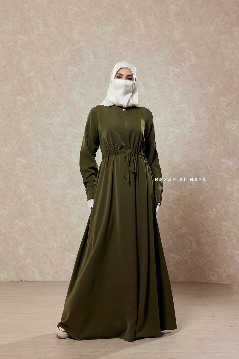 Salam 3 Olive Belted Abaya Dress - Front Zipper & Zipper Sleeves - Nida