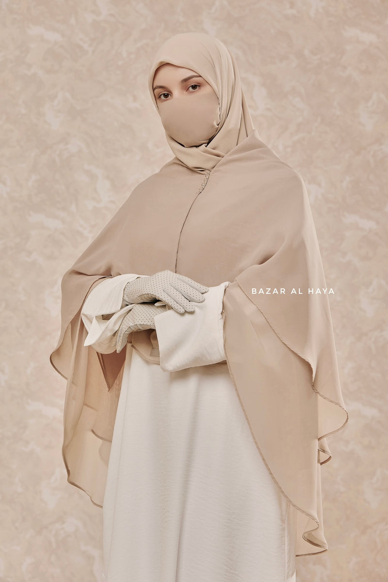 Two Layered Creme Beige Snap Scarf, Khimar, Cape - Super Soft - 3 in 1