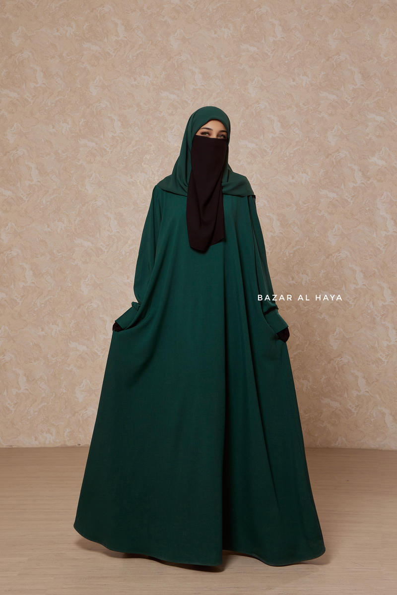 Rania Emerald Green Abaya Dress Half-Placket Button Front & Sleeve - Mediumweight Soft Crepe Cotton M Rania Emerald Green Abaya Dress Half-Placket Button Front & Sleeve - Mediumweight Soft Crepe Cotton M
