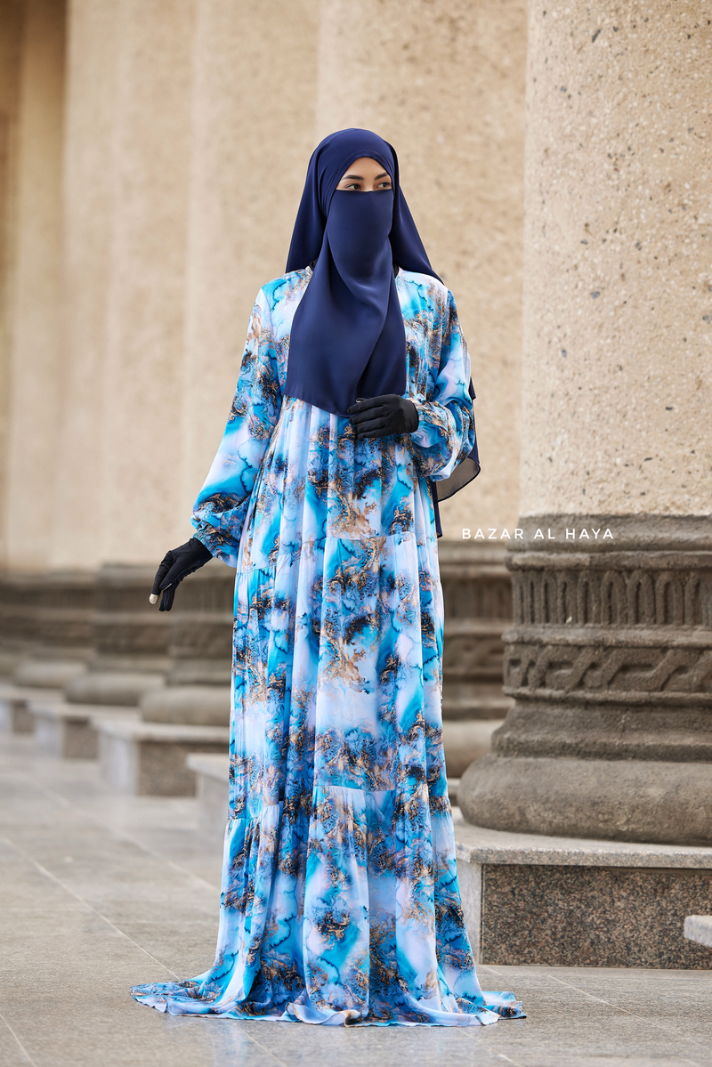 Sadia Ocean/Gold Print Dress - 100% Cotton Summer Tiered Abaya, Front Zipper