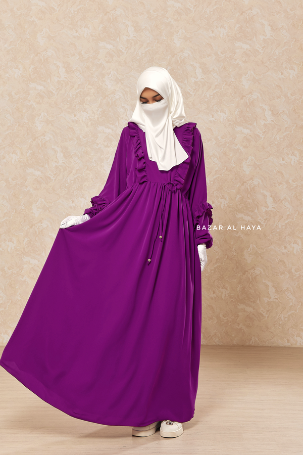 Afsah Bright Purple 3-D Ruffles Lightweight Abaya Dress - Soft Breathable Crepe Cotton