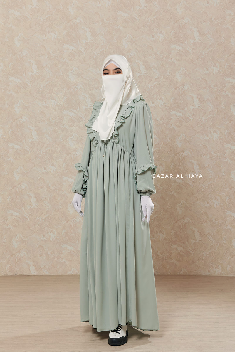 Mint Afsah Ruffle Lightweight Abaya Dress - Breathable Crepe Cotton