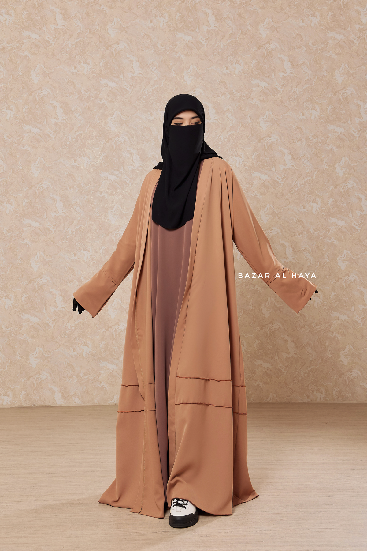 Latte Fathiya Open Front Abaya In Nida - Relaxed Fit – Bazar Al Haya