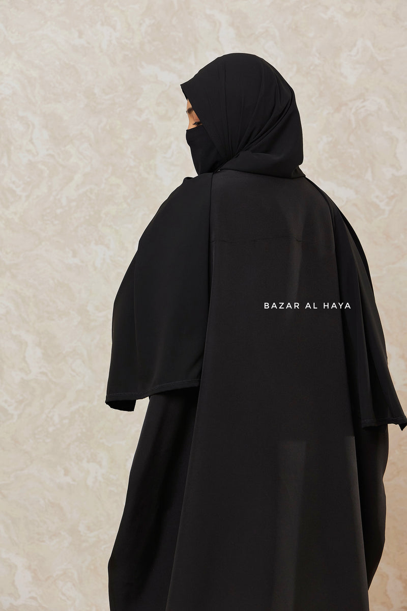 Black Falak Classic Loose Fit Abaya Coat With Scarf - Pockets & Zippers